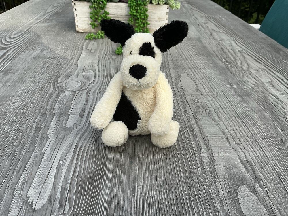 Jellycat London Small Bashful Cream & Black Spots Mini Puppy Dog Plush Lovey 7"